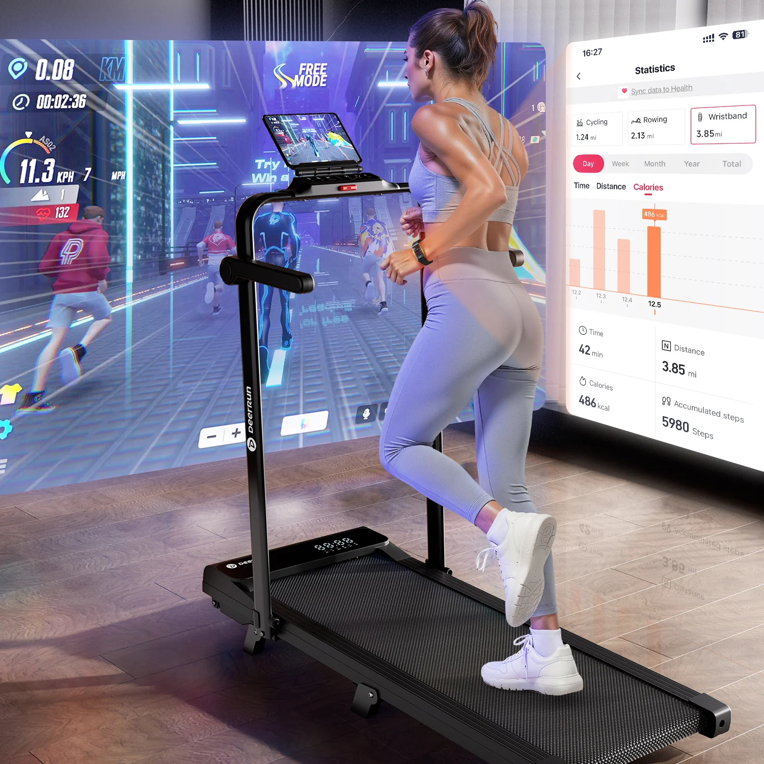 2026 New A6 Plus Handle 5% Incline 2 in 1 Foldable Treadmill with Whole Screen Upgraded Chip & NFC Support | 300 lbs, 7.5 mph, Black - Image 9