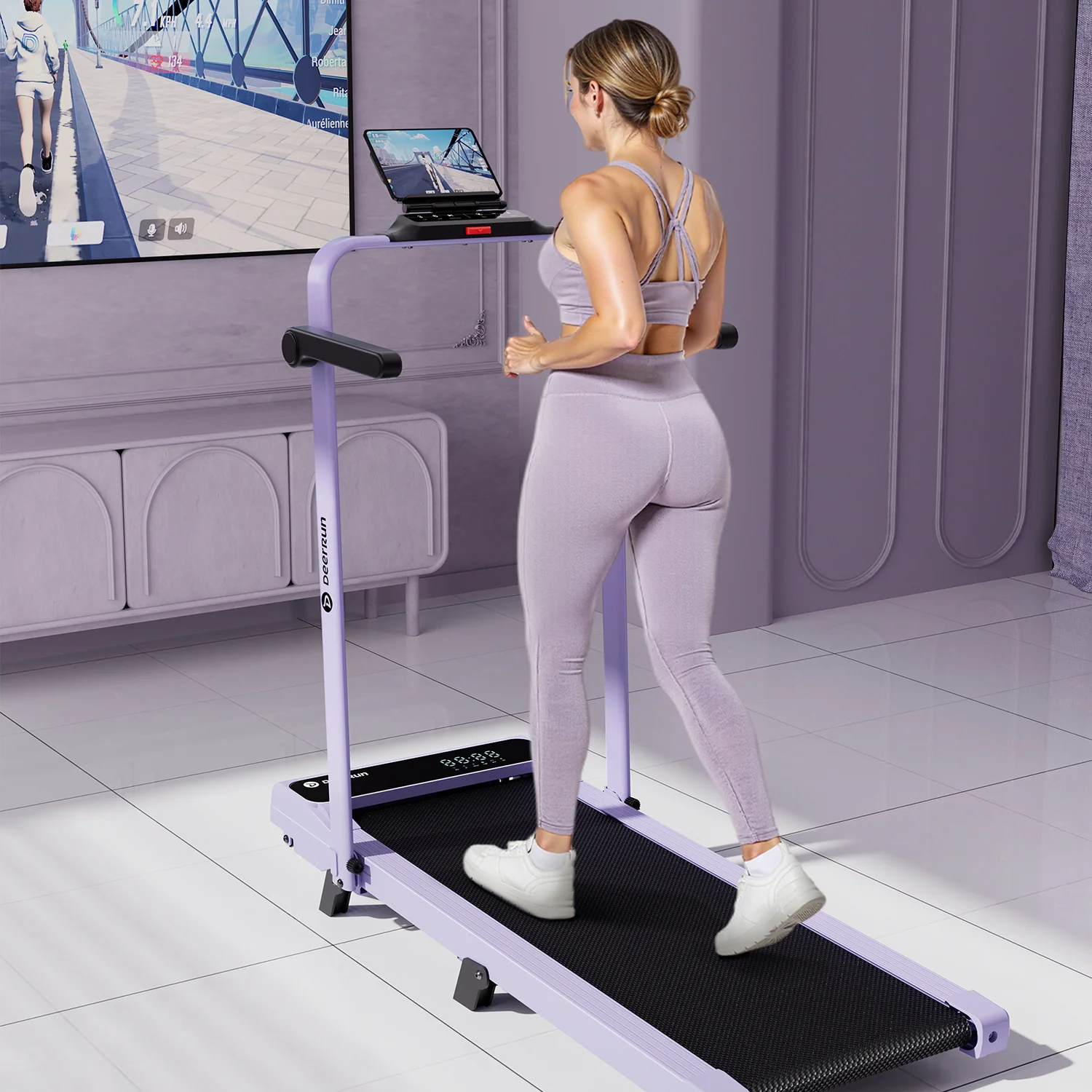 2026 New A6 Plus Handle 5% Incline 2 in 1 Foldable Treadmill with Whole Screen Upgraded Chip & NFC Support | 300 lbs, 7.5 mph, Purple - Image 10
