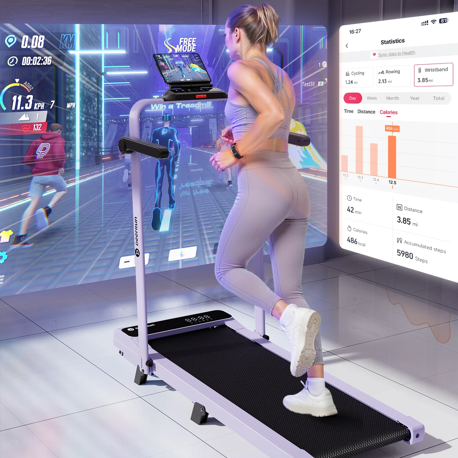 2026 New A6 Plus Handle 5% Incline 2 in 1 Foldable Treadmill with Whole Screen Upgraded Chip & NFC Support | 300 lbs, 7.5 mph, Purple - Image 11