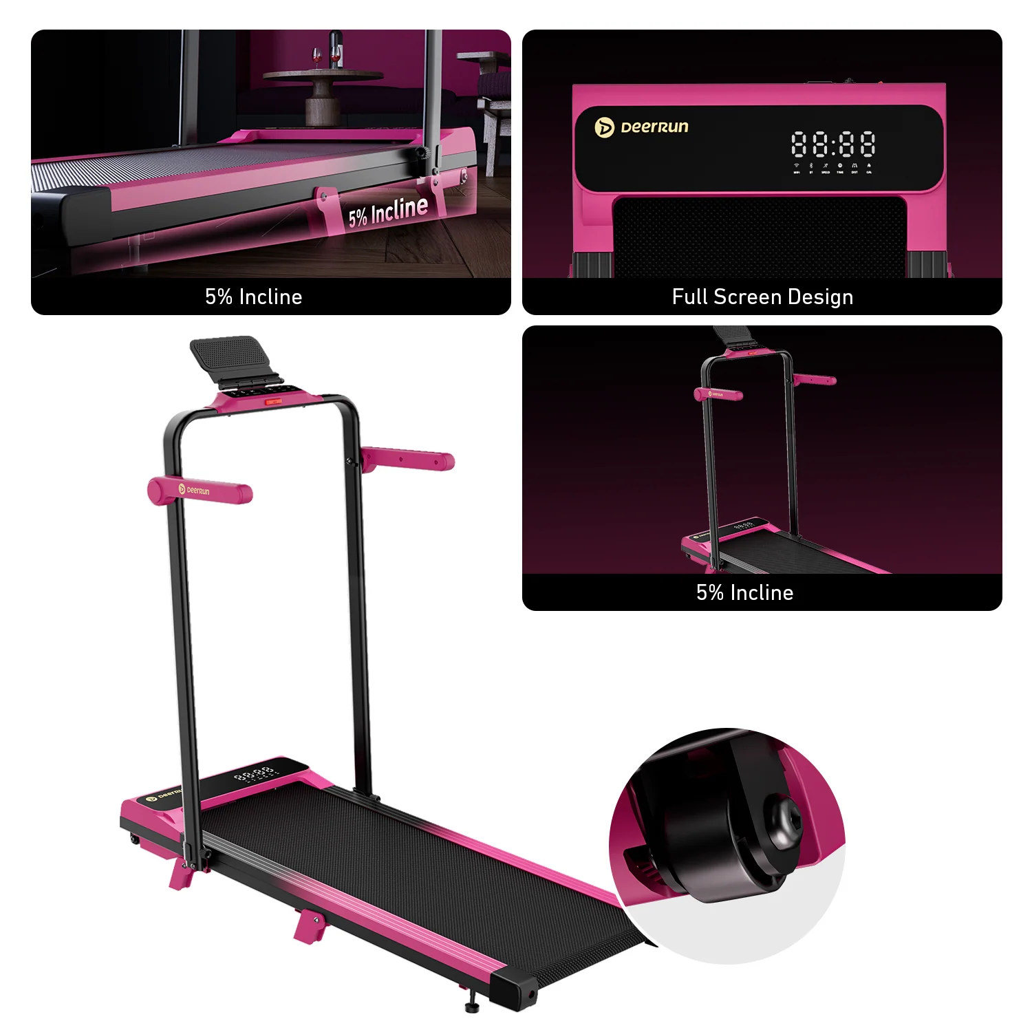 Valentine's Gift Couple-friendly 5% Incline Treadmill with Handrail - Black Pink - Image 4