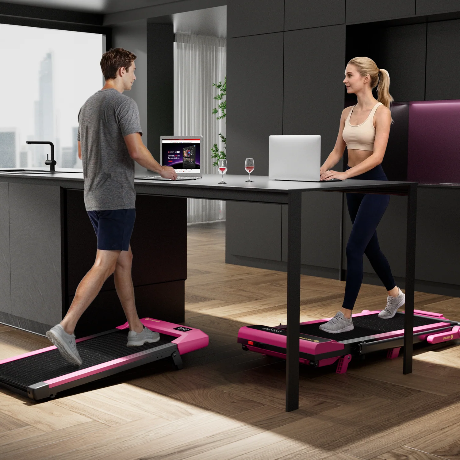 Valentine's Gift Couple-friendly 5% Incline Treadmill with Handrail - Black Pink - Image 8